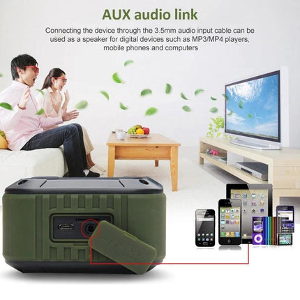 W-KING Portable Bluetooth Speaker For Outdoor Splash Resistant Use shown with AUX port, devices, and living room setup