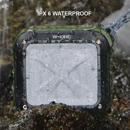 W-KING Portable Bluetooth Speaker For Outdoor Splash Resistant Use shown rugged waterproof speaker with lanyard in splashing water