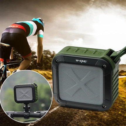 W-KING Portable Bluetooth Speaker For Outdoor Splash Resistant Use rubberized green speaker with lanyard on bicycle ride