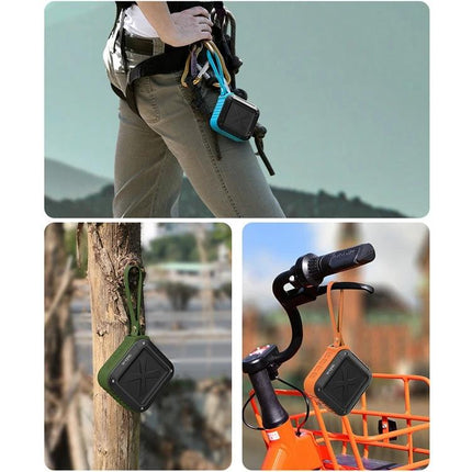 W-KING Portable Bluetooth Speaker For Outdoor Splash Resistant Use compact rubberized speaker with lanyard on backpack