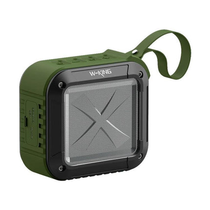 W-KING Portable Bluetooth Speaker For Outdoor Splash Resistant Use green rugged speaker with lanyard, rubberized housing and mesh grille