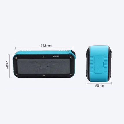 W King Portable Bluetooth Speaker Waterproof For Travel shown in blue rugged waterproof housing with measurements