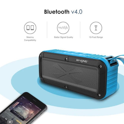W King Portable Bluetooth Speaker Waterproof For Travel showing blue rugged speaker Bluetooth v4.0 waterproof travel-ready