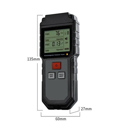 Portable EMF Radiation Tester for Daily Device Safety Checks handheld meter showing LCD readings and dimensions