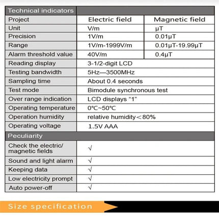 Portable EMF Radiation Tester for Daily Device Safety Checks technical specifications chart showing electric and magnetic field ranges and features