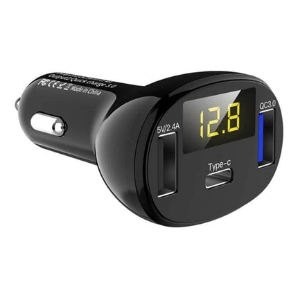 Car Power Adapter In-Car Charger Type-C Fast Charger black dual-port 32W USB-C and USB-A car charger with LED voltage display