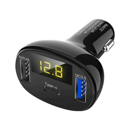 Car Power Adapter In-Car Charger Type-C Fast Charger with dual USB ports, digital voltage display, QC3.0 and Type-C fast charging for cars