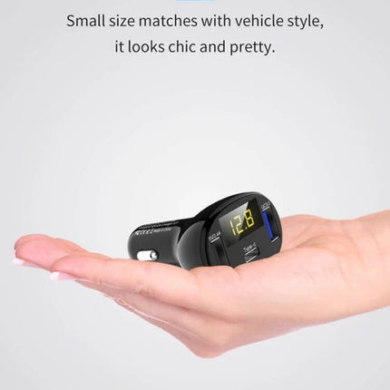 Car Power Adapter In-Car Charger Type-C Fast Charger compact dual-port USB-C and USB-A car charger with digital voltage display shown in hand