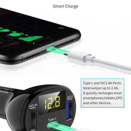 Car Power Adapter In-Car Charger Type-C Fast Charger showing dual ports and Type-C cable charging a smartphone, 32W smart dual-port adapter
