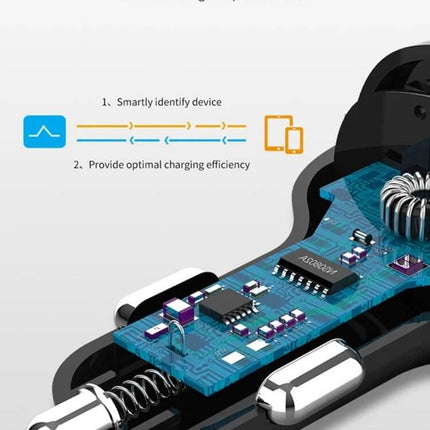 Car Power Adapter In-Car Charger Type-C Fast Charger showing internal smart chip and circuit board with dual ports for fast charging