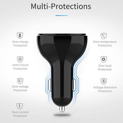 Car Power Adapter In-Car Charger Type-C Fast Charger showing black dual-port car charger with multi-protections icons for safe fast charging