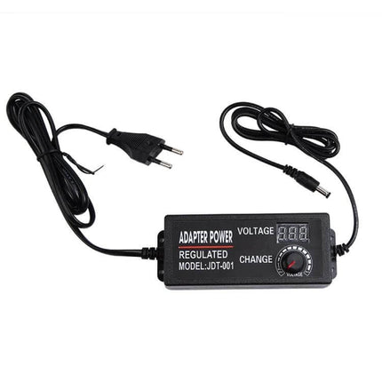AC To DC Adjustable Power Adapter, Universal 3-24V Output - compact black regulated adapter with digital voltmeter and adjustable knob