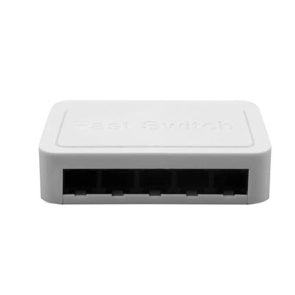 Compact White 5-Port Fast Ethernet Switch for Home Networking front view showing five ports on a compact white unit