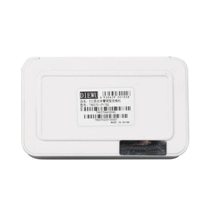 Compact White 5-Port Fast Ethernet Switch for Home Networking showing underside label and compact design