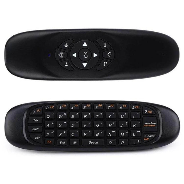 Wireless Mini Keyboard Remote for PC and Smart TV Control - compact black wireless keyboard with touchpad and directional buttons for presentations and TV browsing