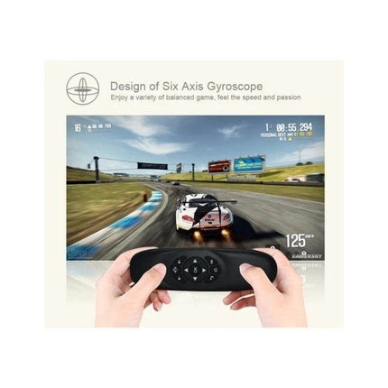 Wireless Mini Keyboard Remote for PC and Smart TV Control held in hands with game racing screen demonstrating six-axis gyroscope motion control