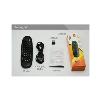 Wireless Mini Keyboard Remote for PC and Smart TV Control showing keyboard, charging cable, USB receiver, manual and packaging