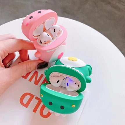 Dinosaur-Themed Holder for Everyday AirPods Storage and Protection in pink and green dustproof cute silicone cases with earbuds