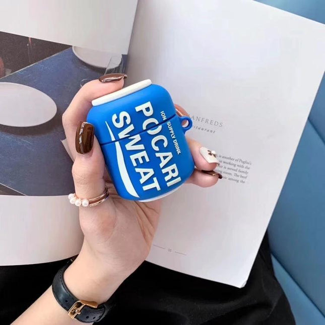 Stereoboli AirPods Protector for Everyday Commutes and Activities - blue dustproof AirPods case shaped like Pocari Sweat can held in hand