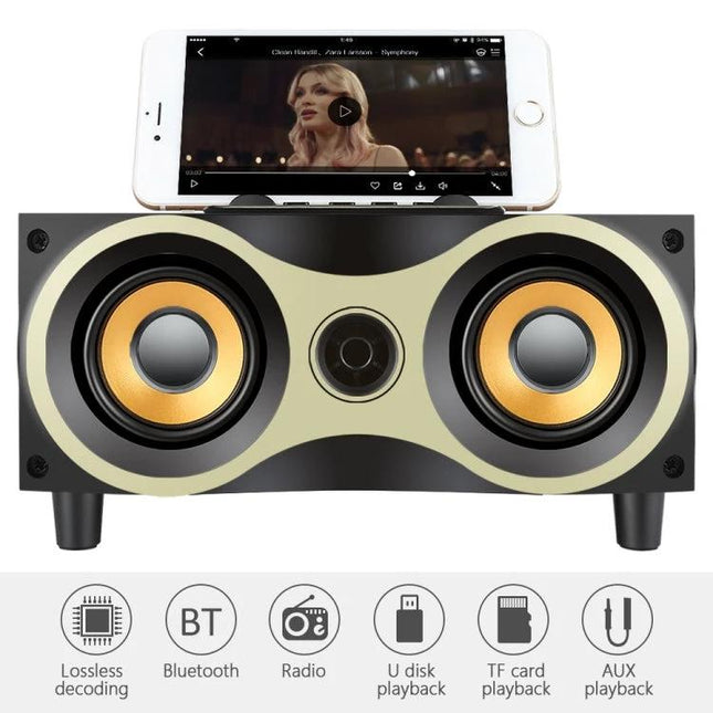 Compact Wooden Bluetooth Speaker For Home And Kitchen Use with dual drivers, phone dock, FM radio and AUX playback features