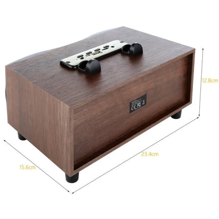 Compact Wooden Bluetooth Speaker For Home And Kitchen Use showing natural wood finish, controls and dimensions for countertop placement
