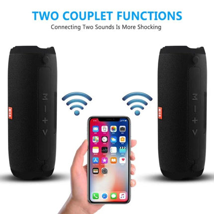 Compact Bluetooth Travel Speaker For Home, Desk, And Workouts shown paired to phone with dual wireless speakers for stereo