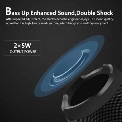 Compact Bluetooth Travel Speaker For Home, Desk, And Workouts shown with bass-up enhanced sound graphic and 2x5W output