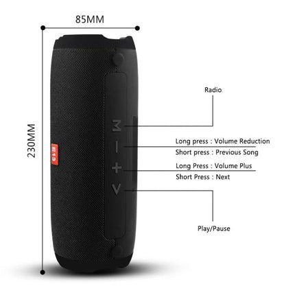 Compact Bluetooth Travel Speaker For Home, Desk, And Workouts portable black speaker with buttons TF USB AUX FM radio 85x230mm