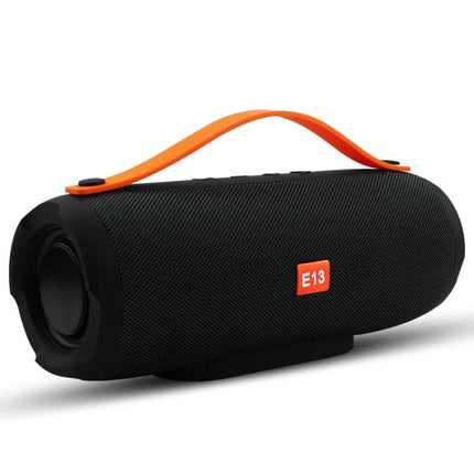 Compact Bluetooth Travel Speaker For Home, Desk, And Workouts black portable speaker with orange strap and E13 logo