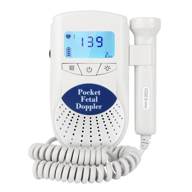 Digital Fetal Doppler Heartbeat Monitor Pocket Blue handheld fetal heartbeat monitor with speaker, LCD display showing 139, probe and coiled cable