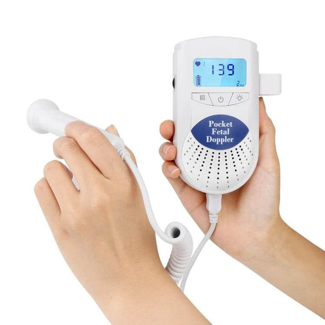Digital Fetal Doppler Heartbeat Monitor Pocket Blue handheld fetal doppler showing 139 BPM, speaker, headphone jack and battery indicator