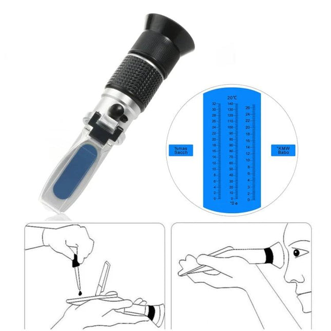 Handheld Refractometer for Testing Sugar in Fruit Wine and Juice with aluminum body and Brix scale for home brewers
