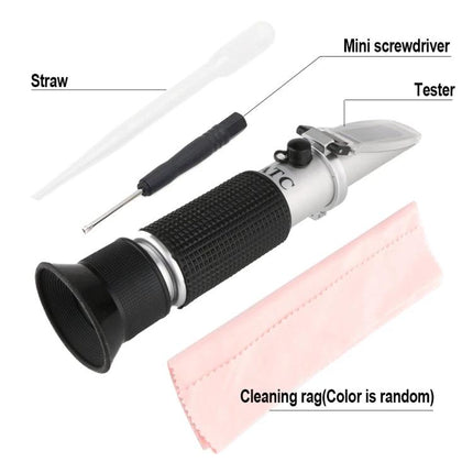 Handheld Refractometer for Testing Sugar in Fruit Wine and Juice - aluminum-bodied refractometer kit with screwdriver, pipette and cleaning cloth