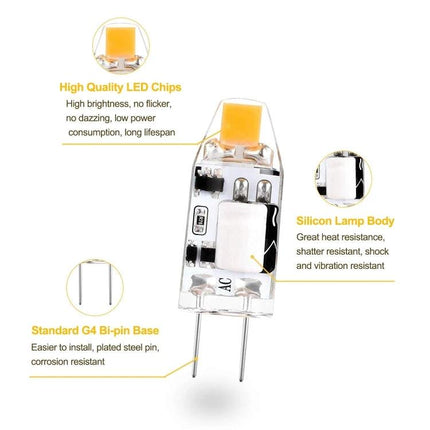 Warm White Bulb for Everyday Home Chandeliers and Lighting - G4 base LED bulb showing high quality chips, silicon body and bi-pin base
