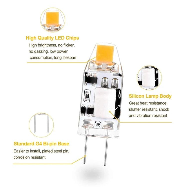 Warm White Bulb for Everyday Home Chandeliers and Lighting - G4 base LED bulb showing high quality chips, silicon body and bi-pin base