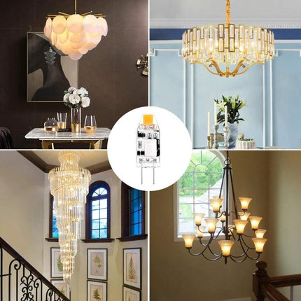 Warm White Bulb for Everyday Home Chandeliers and Lighting showcased in chandeliers, pendants, stair and dining fixtures with G4 LED bulb center