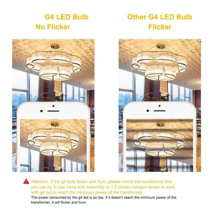 Warm White Bulb for Everyday Home Chandeliers and Lighting - G4 LED no-flicker comparison in chandelier lighting