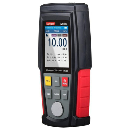 Digital Ultrasonic Thickness Gauge for Metal Surfaces handheld meter showing 10.00 mm reading, red side grips and keypad