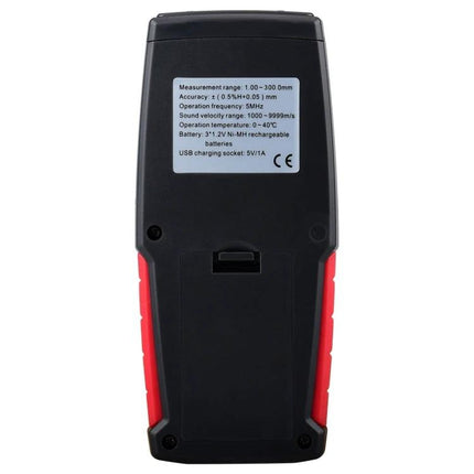 Digital Ultrasonic Thickness Gauge for Metal Surfaces handheld meter showing rear view with specifications label and red side grips