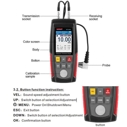 Digital Ultrasonic Thickness Gauge for Metal Surfaces handheld gauge measuring metal pipe thickness with probe and color screen, labeled buttons