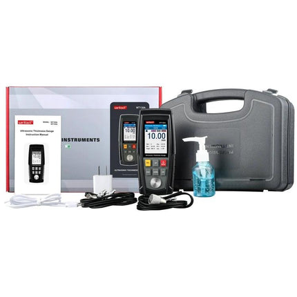 Digital Ultrasonic Thickness Gauge for Material Measurement in Industry showing handheld gauge kit, probe, case and accessories for industrial inspections