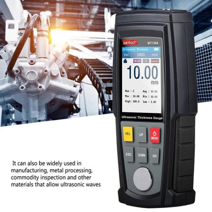 Digital Ultrasonic Thickness Gauge for Material Measurement in Industry - handheld gauge showing 10.00 mm reading used in manufacturing inspections