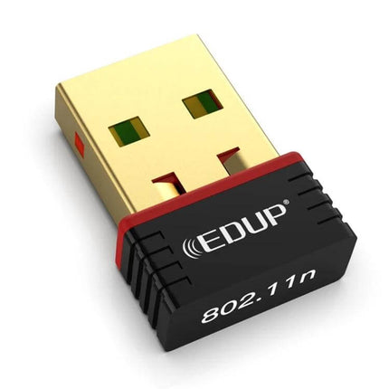 EDUP Mini USB Adapter for Wireless Computer Connectivity black and gold nano WiFi dongle showing EDUP logo and 802.11n