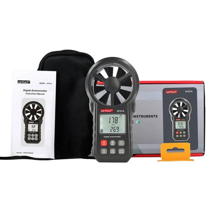 Portable Anemometer Thermometer for Wind Speed and Temperature Monitoring - handheld device with display, pouch, manual and box