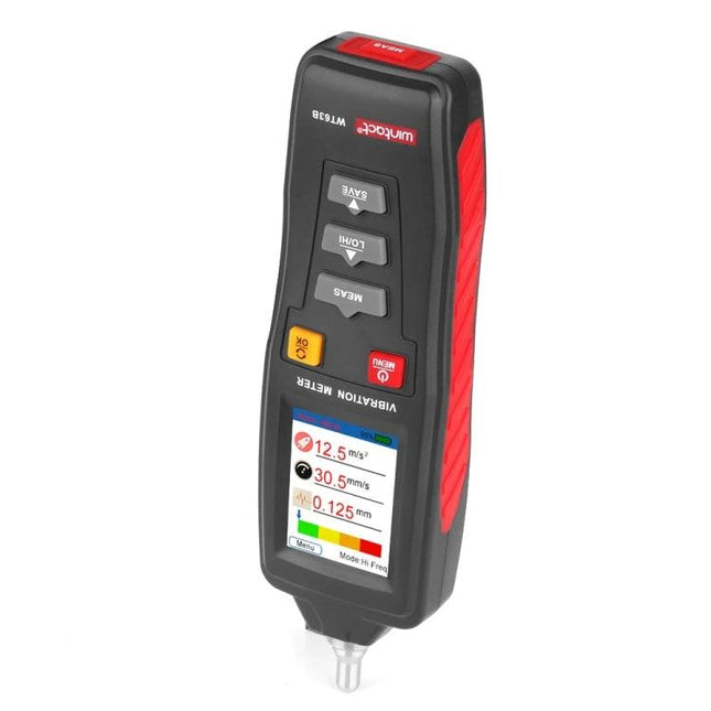 WINTACT Handheld Digital Vibration Analyzer for Maintenance Tools portable vibration meter with flipped screen showing readings and red side grip