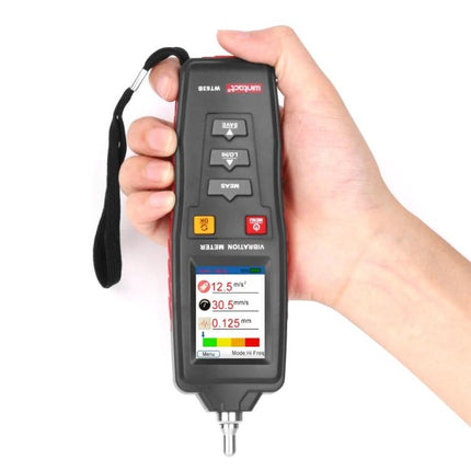 WINTACT Handheld Digital Vibration Analyzer for Maintenance Tools held in hand showing flipped screen and measurement readings