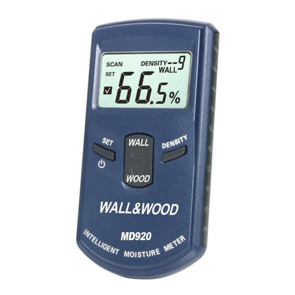 Handheld Moisture Tester for Wood and Wall Surfaces in Construction handheld meter showing 66.5% reading on wall mode