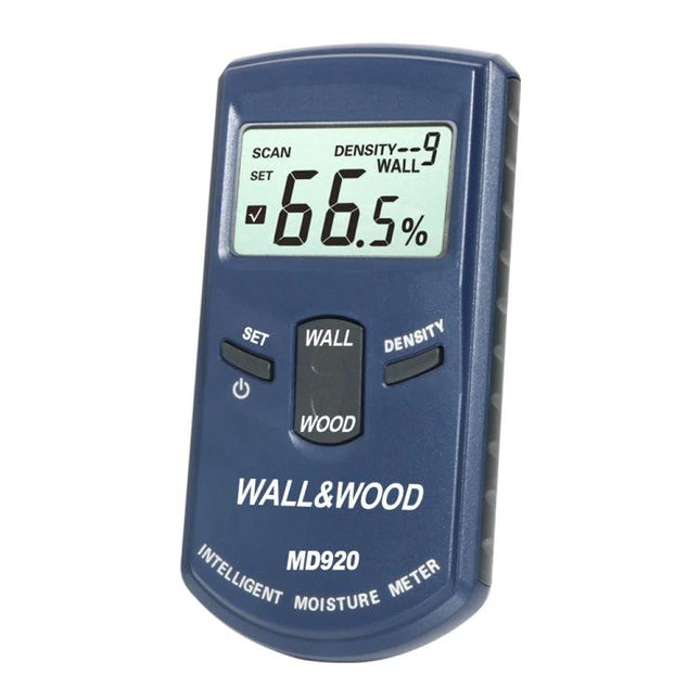 Handheld Moisture Tester for Wood and Wall Surfaces in Construction handheld meter showing 66.5% reading on wall mode