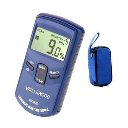 Handheld Moisture Tester for Wood and Wall Surfaces in Construction - blue MD920 moisture meter showing 9% reading with carrying case
