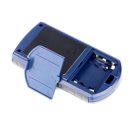 Handheld Moisture Tester for Wood and Wall Surfaces in Construction blue portable meter with open battery compartment
